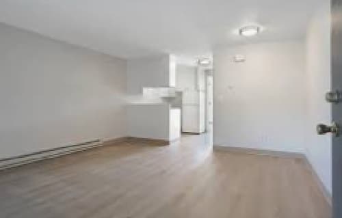 A bright, empty room with light-colored walls, wood flooring, and baseboard heating is situated in the vicinity of a small kitchen area with white cabinets. Ceiling lights are on, enhancing the welcoming feel.