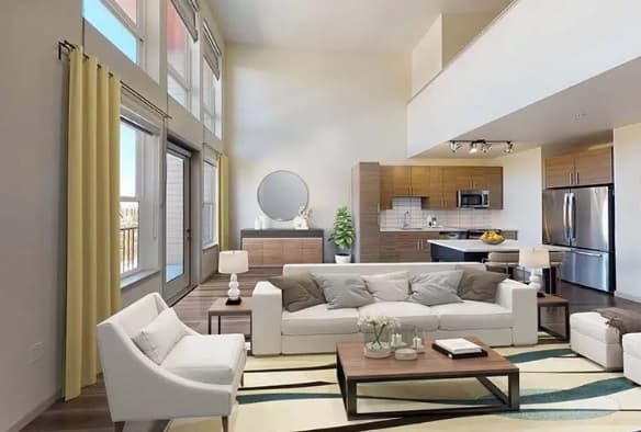 A modern living room with high ceilings and large windows at Viceroy Park. It features white sofas, a wooden coffee table, a geometric-patterned rug, a kitchen in the background, and a balcony visible through glass doors.