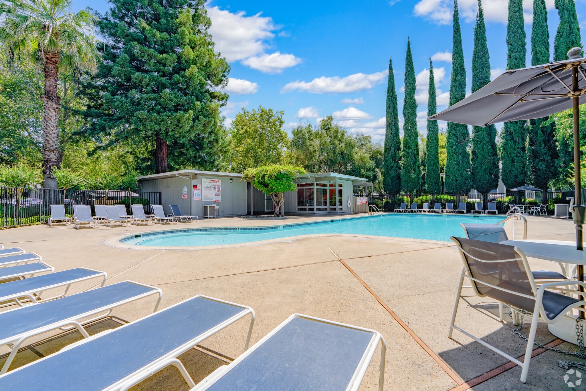 Outdoor swimming pool with lounge chairs and tables beside the modern Westpark Plaza, surrounded by tall trees and greenery under a partly cloudy sky.