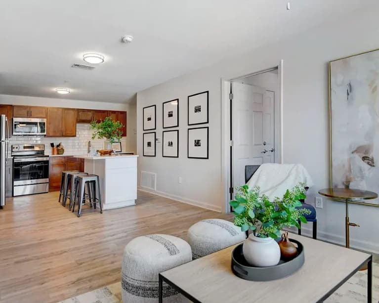 Modern apartment interior at Yugo Fort Collins Grove Fort Collins with an open kitchen and living area, wooden floors, stainless steel appliances, an island with stools, wall art, a cozy chair, coffee table, and decorative plants.