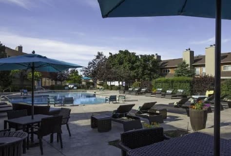 The outdoor swimming pool area at Foothill Livints features lounge chairs, tables, and umbrellas on a sunny day, surrounded by potted plants, trees, and residential buildings in the background.