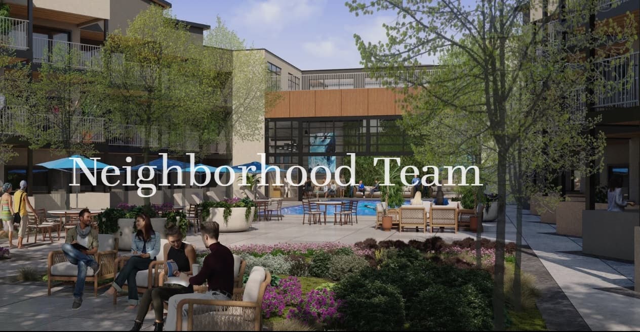 A modern outdoor courtyard at Glenwood Village Apartments Boulder features people sitting and talking on patio furniture, surrounded by trees and plants with apartment buildings in the background. Large text reads Neighborhood Team.