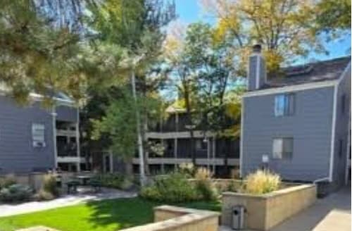 The Village Apartments Boulder features two gray buildings with white trim, surrounded by trees and landscaped greenery under a clear blue sky, creating a peaceful courtyard setting.