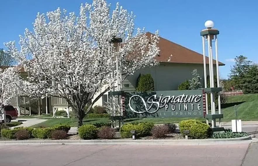 A blooming tree and green shrubs surround the entrance sign for “Signature Pointe of Bayhill Springs Boise” in front of residential buildings under a clear blue sky.