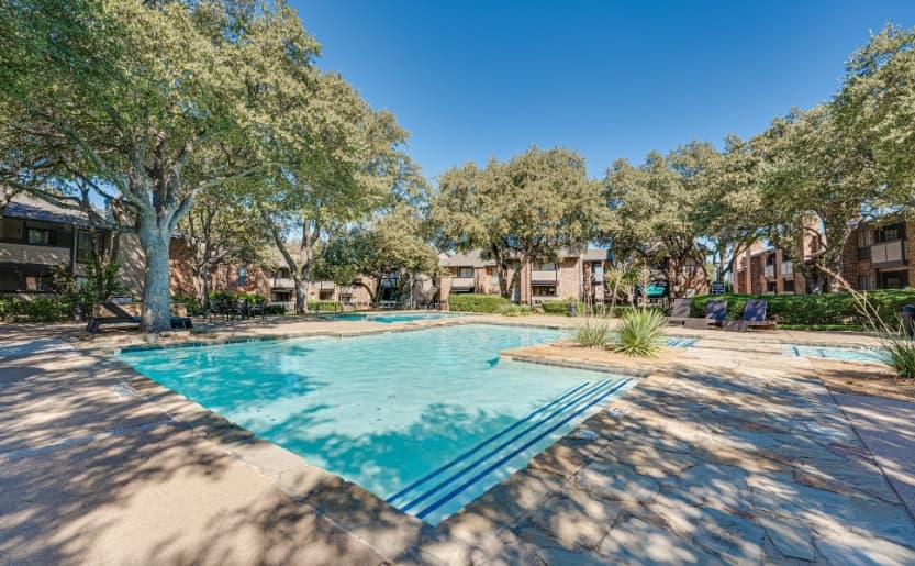 Outdoor swimming pool surrounded by stone decking, lounge chairs, and large trees at Southern Oaks Fort Worth. Apartment buildings are visible in the background under a clear blue sky.