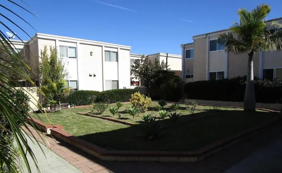 A courtyard at Park Place View with neatly trimmed grass, small plants, and a palm tree is surrounded by two beige apartment buildings under a clear blue sky.