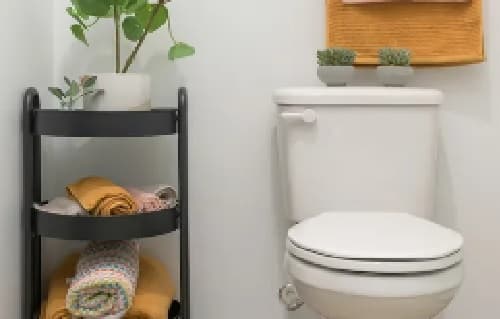 A small bathroom with a white toilet, a black shelf—an accolade of modern design—holding rolled towels and potted plants, and a towel hanging above the toilet.
