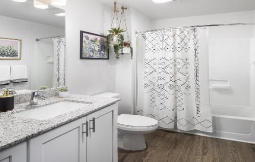 Modern bathroom with white walls, a granite countertop, white cabinets, and a bathtub with a patterned shower curtain. A plant hangs above the toilet, adding fresh vibes to the inviting Atmosphere Tempe feel. Towels are neatly folded by a wall mirror.