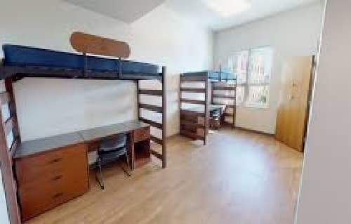 A bright dorm room with wooden floors, two lofted beds each above desks and chairs, a window letting in sunlight, and a wooden wardrobe near the back wall.
