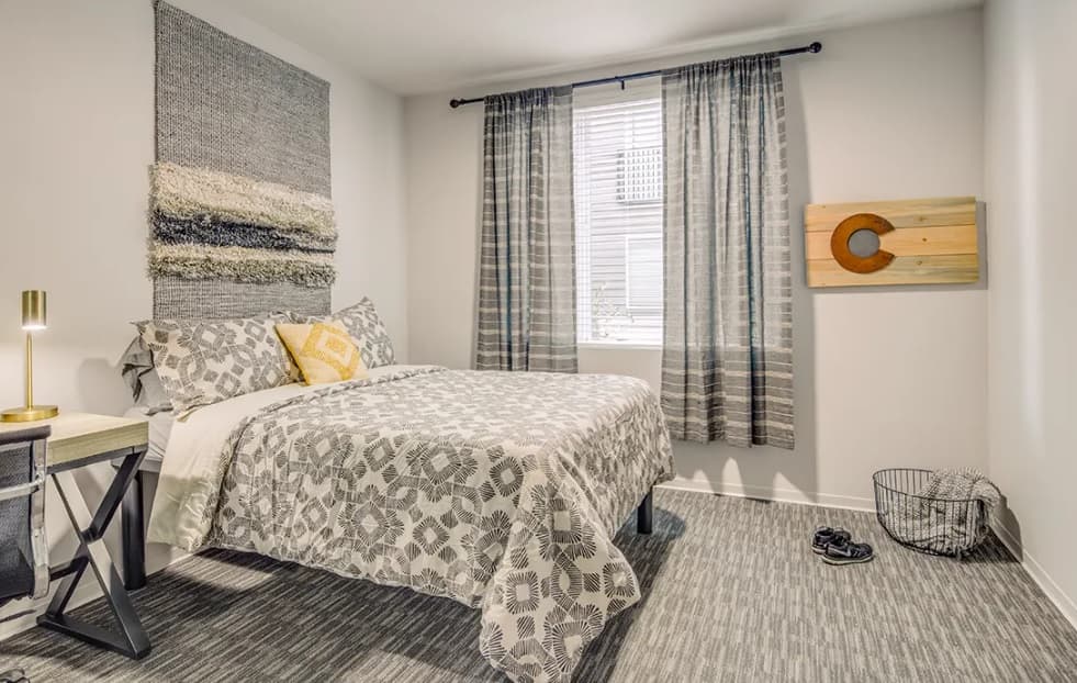 A modern Fort Collins bedroom with a double bed featuring patterned bedding, a bedside table with a lamp, textured wall art above the bed, sheer curtains on the window, and an uncommon wall decoration with a basket on the floor nearby.