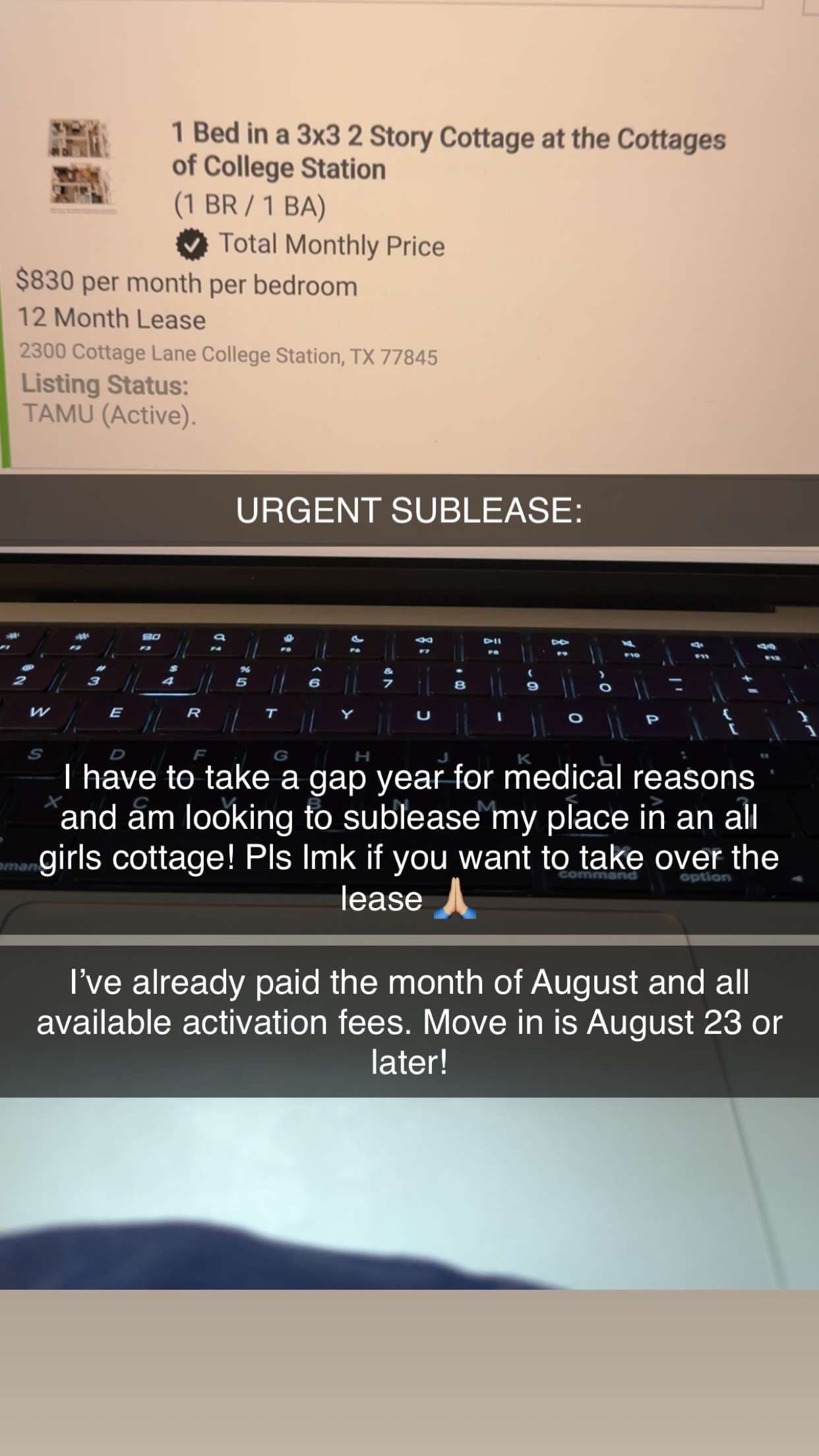 Urgent Sublease