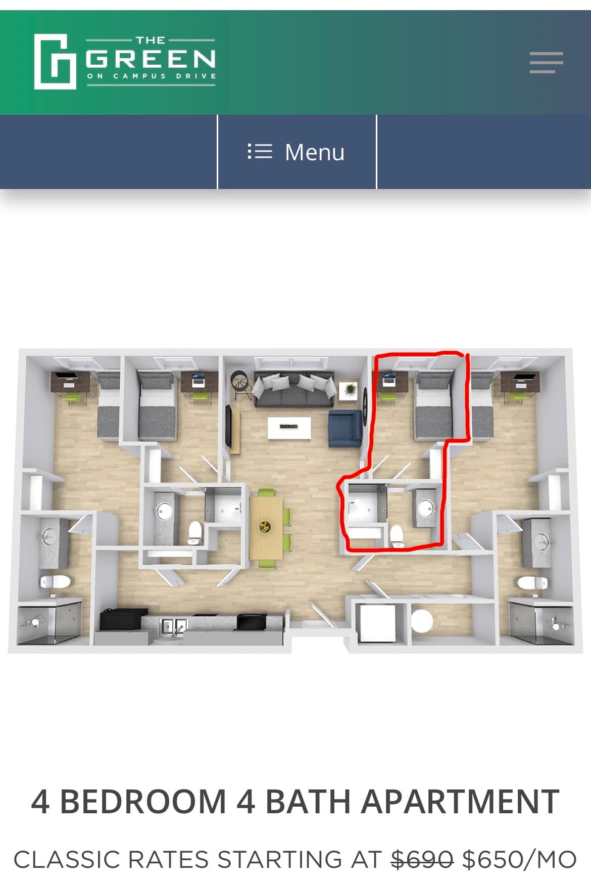 Women’s Private Room & Bath in a 4x4 at The Green —only $650/mo, move-in August 15th