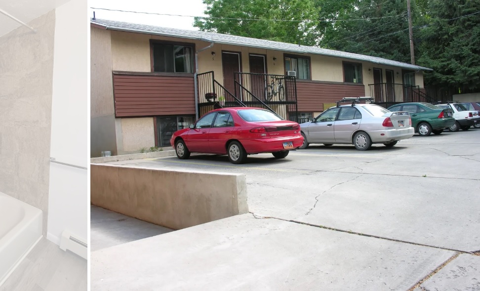The Austin Ridge Lanny features a small apartment building with two ground-level units and outdoor stairs to two upper-level units. Four cars are parked in front on a concrete lot, with trees and power lines in the background.