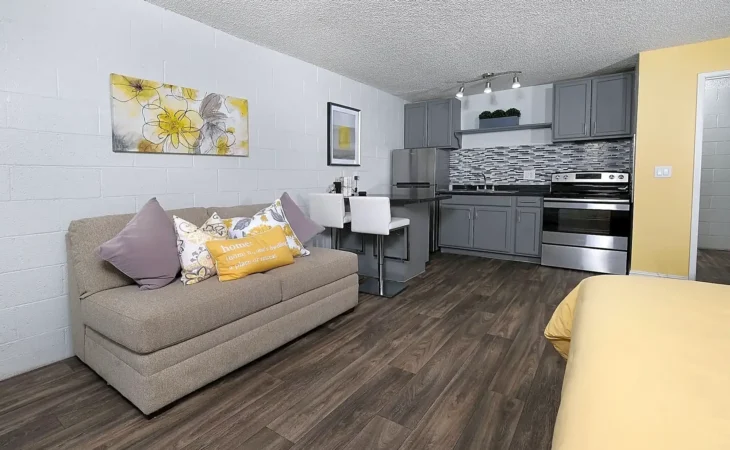 A modern studio apartment with gray cabinets, stainless steel appliances, a small dining area, a beige sofa with decorative pillows, wood-style flooring, and yellow accents in the decor.