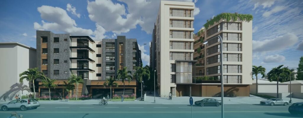 A street view of modern apartment buildings with large windows, balconies, palm trees, and greenery; cars, bicycles, and pedestrians are visible in the foreground under a partly cloudy sky.