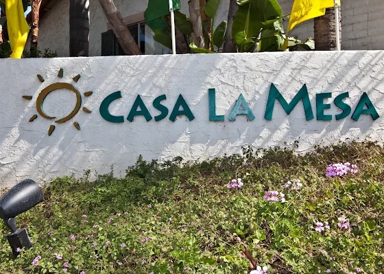 A white stucco wall features CASA LA MESA in teal letters beside a sun symbol, surrounded by lush green plants and small purple flowers—a welcoming touch at Casa La Mesa.